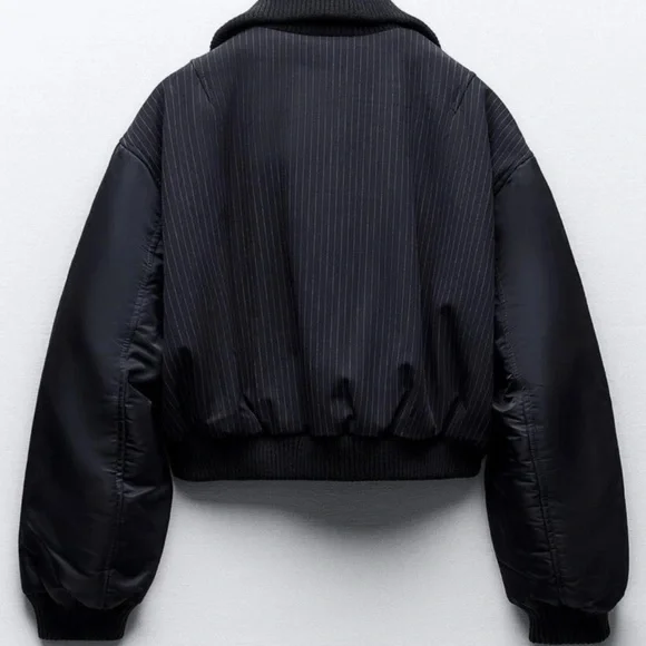 ZARA Black Bomber Jacket with Zipper Details & Pinstripe Back - Picture 2 of 7